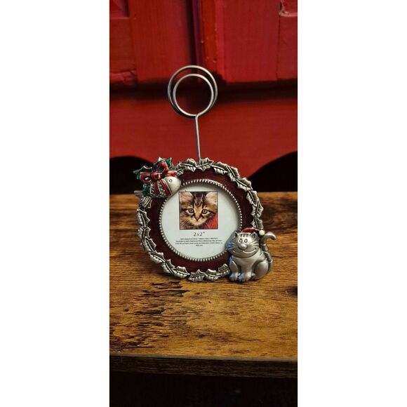 NWOT Christmas Cat Theme Frame Enamel Accents Fat Kitty Holly Card Holder NEW - Picture 1 of 2